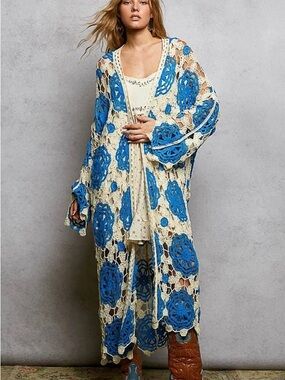 POL Cream Crochet Duster with Bright Blue Floral Medallions